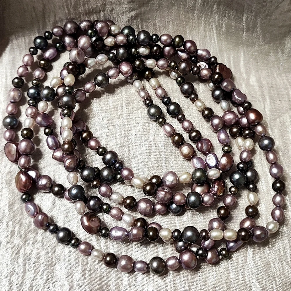 Peacock Freshwater Glass Pearls Gray Purple Lavender Cream Long Strand Necklace